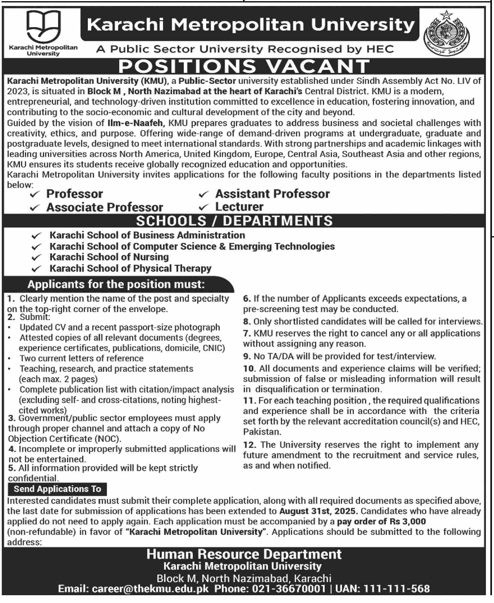 Jobs in Karachi Metropolitan University